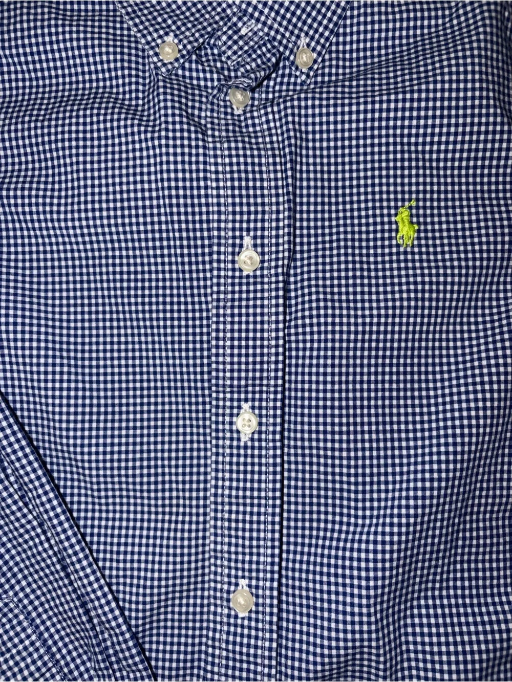 Ralph Lauren Navy & White Gingham Button-Down Shirt with Yellow Pony
